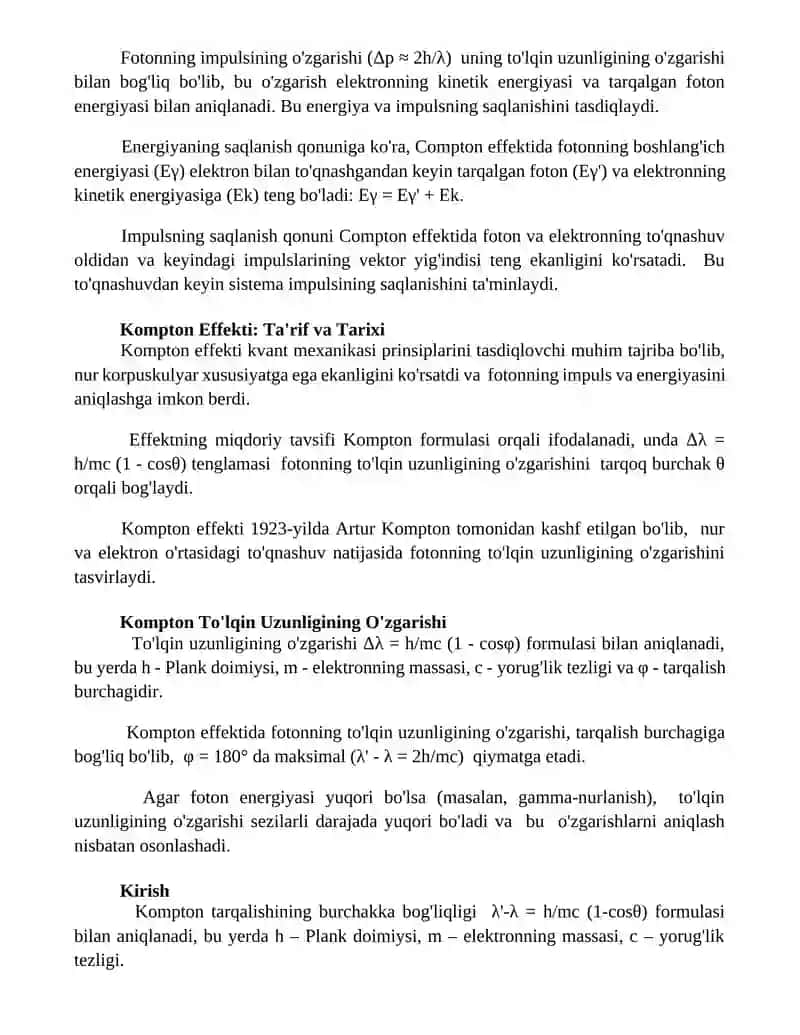 Kompton effekti. Yorug’likning kombinatsion sochilishi 2