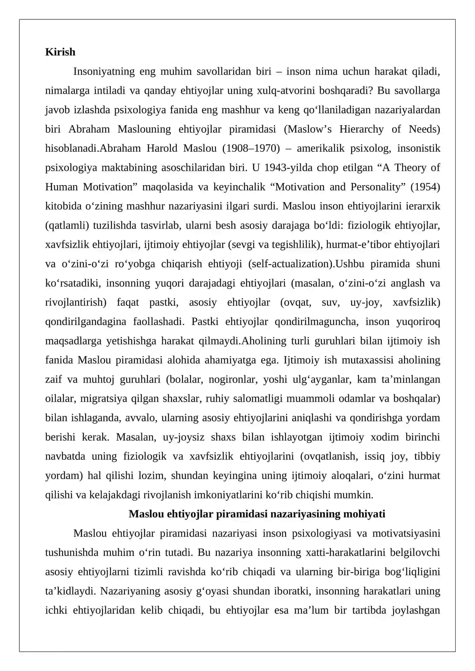 Maslou piramidasi (ehtiyojlar piramidasi) 2