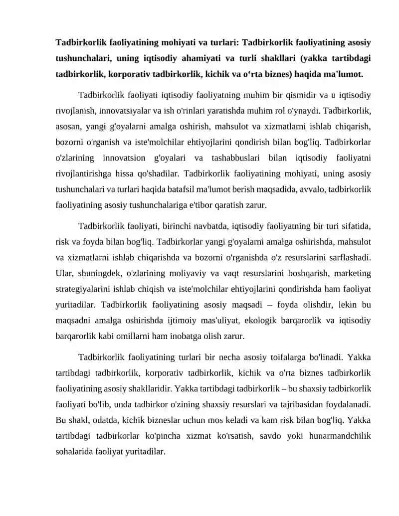 TADBIRKORLIK FAOLIYATI VA TADBIRKORLIK KAPITALI 2