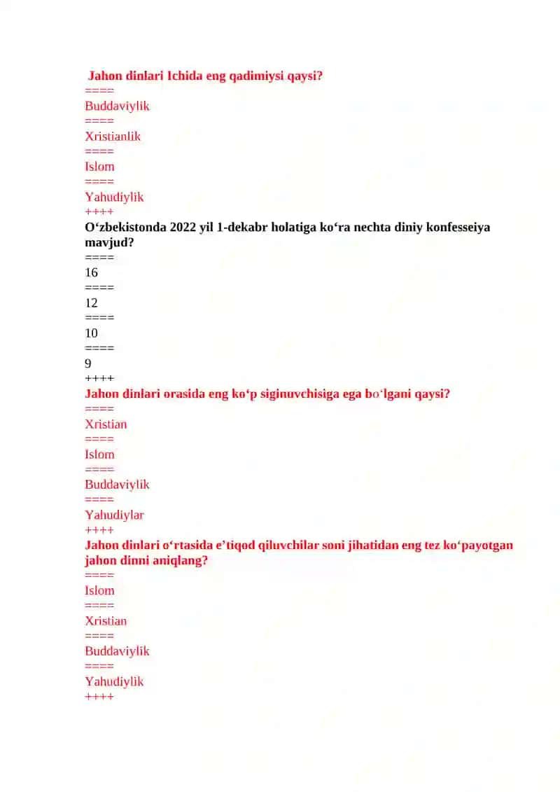 Dinshunoslik yakuniy test savollari 2