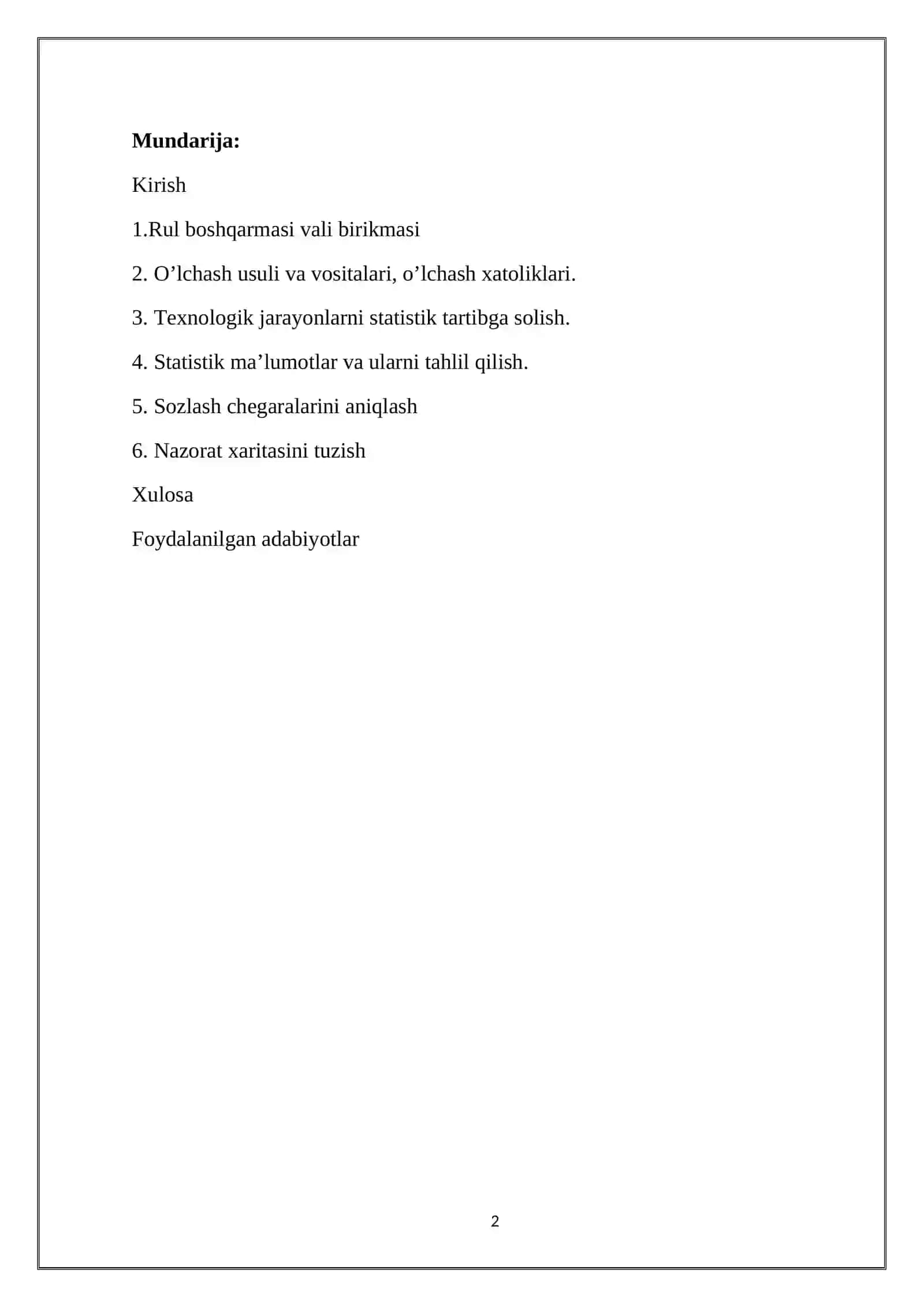 OʻLCHASH, NAZORAT VA SINASH USULLARI VA VOSITALARI (II modul) fanidan KURS ISHI 2
