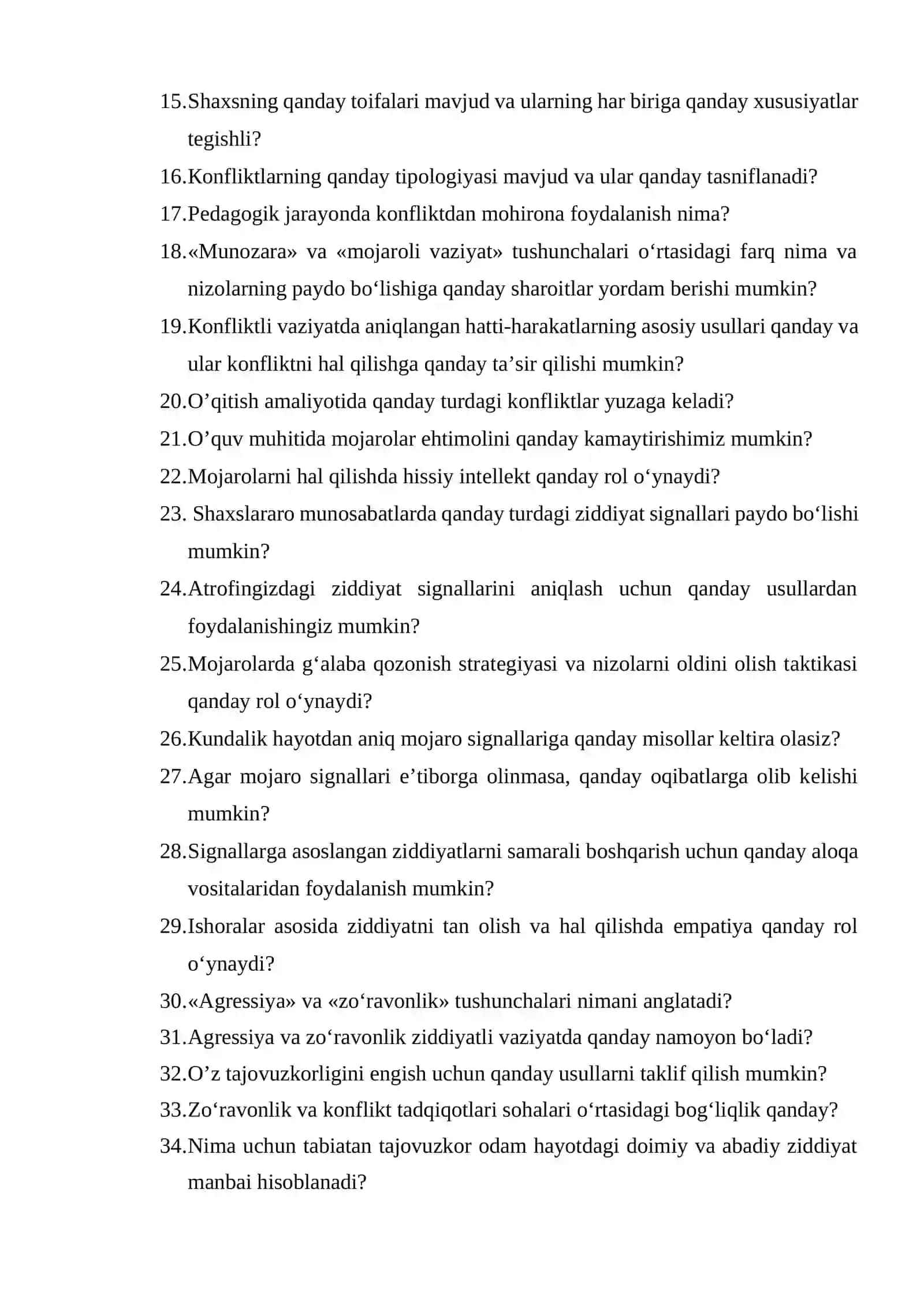 BOSHLANG’ICH TA’LIMDA KONFLIKTOLOGIYA fanidan SAVOLNOMA 2