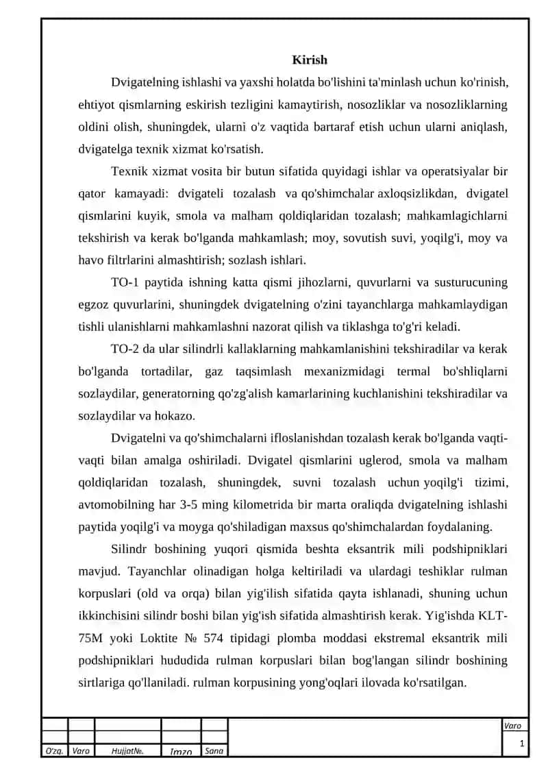 Zamonaviy avtomobillarning ichki yonuv dvigatellariga texnik xizmat ko'rsatish 2