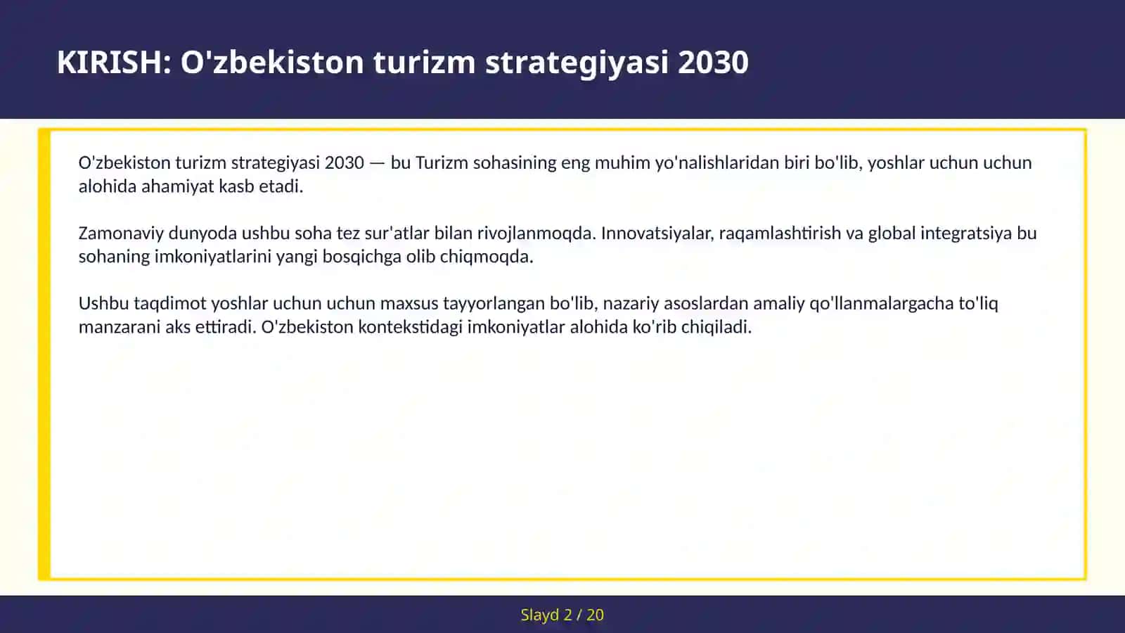 O'ZBEKISTON TURIZM STRATEGIYASI 2030 2