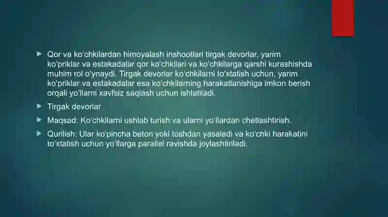 Qor va kochkilardan himoyalash inshootlari 2