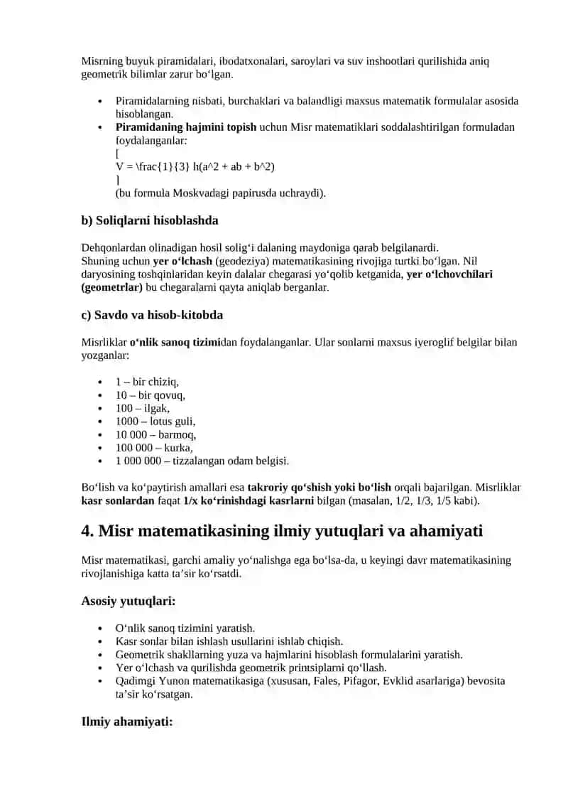 Quldorlik jamiyatida matematika. Misr matematikasi 2