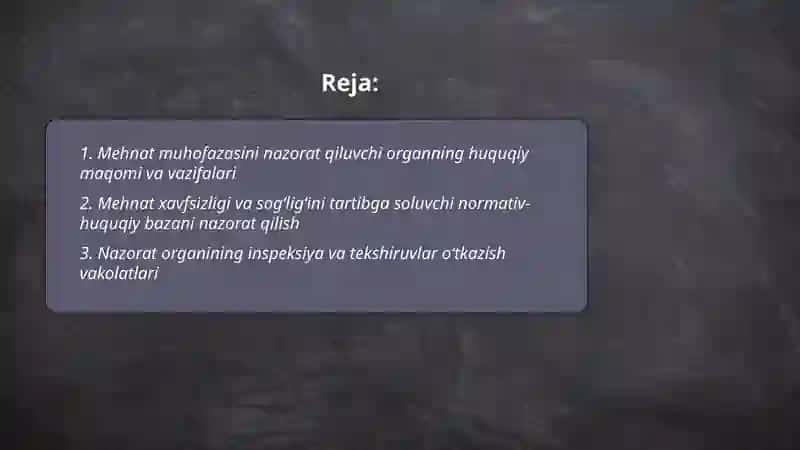 Mehnat muhofazasining huquqiy va tashkiliy asoslarini nazorat qiluvchi organ 2