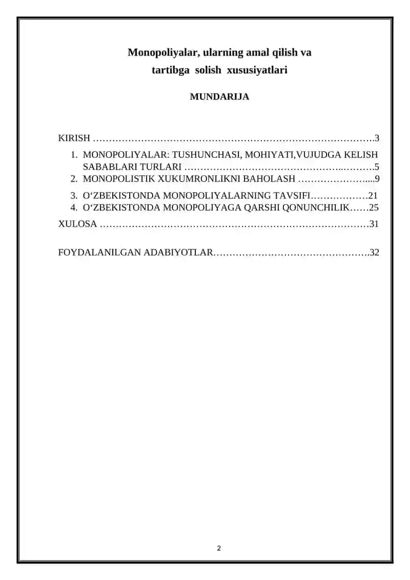 Monopoliyalar, ularning amal qilish va tartibga solish xususiyatlari 2