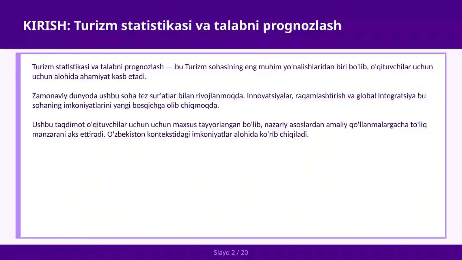 Turizm statistikasi va talabni prognozlash 2