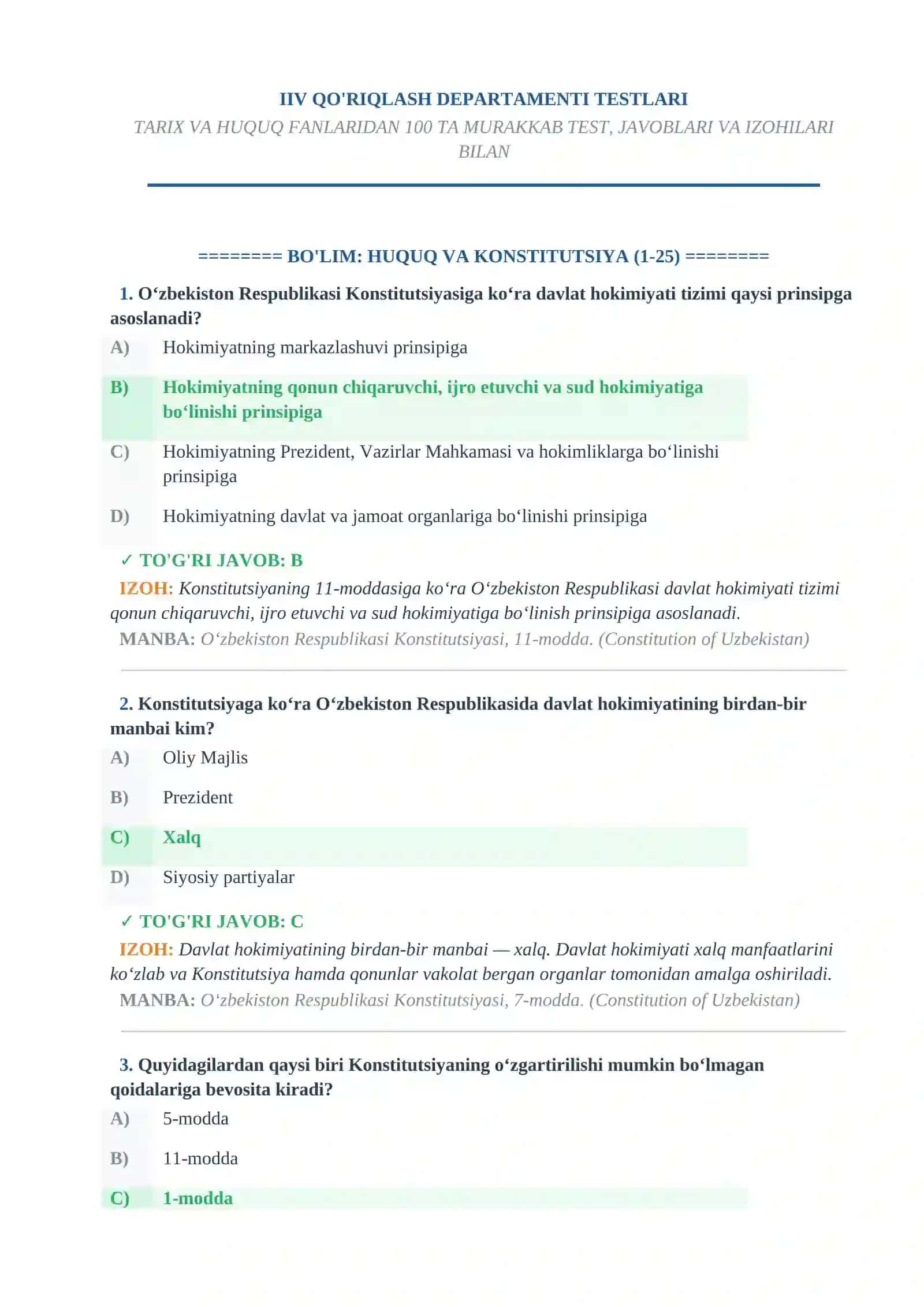 IIV QO'RIQLASH DEPARTAMENTI TESTLARI 2