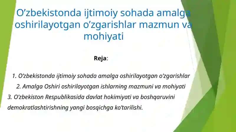 O`zbekistonda Ijtimoiy Sohada Amalga Oshirilayotgan O`zgarishlar 2