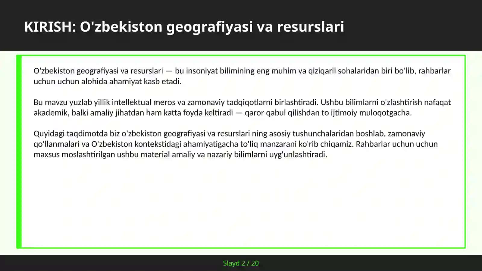 O'ZBEKISTON GEOGRAFIYASI VA RESURSLARI 2