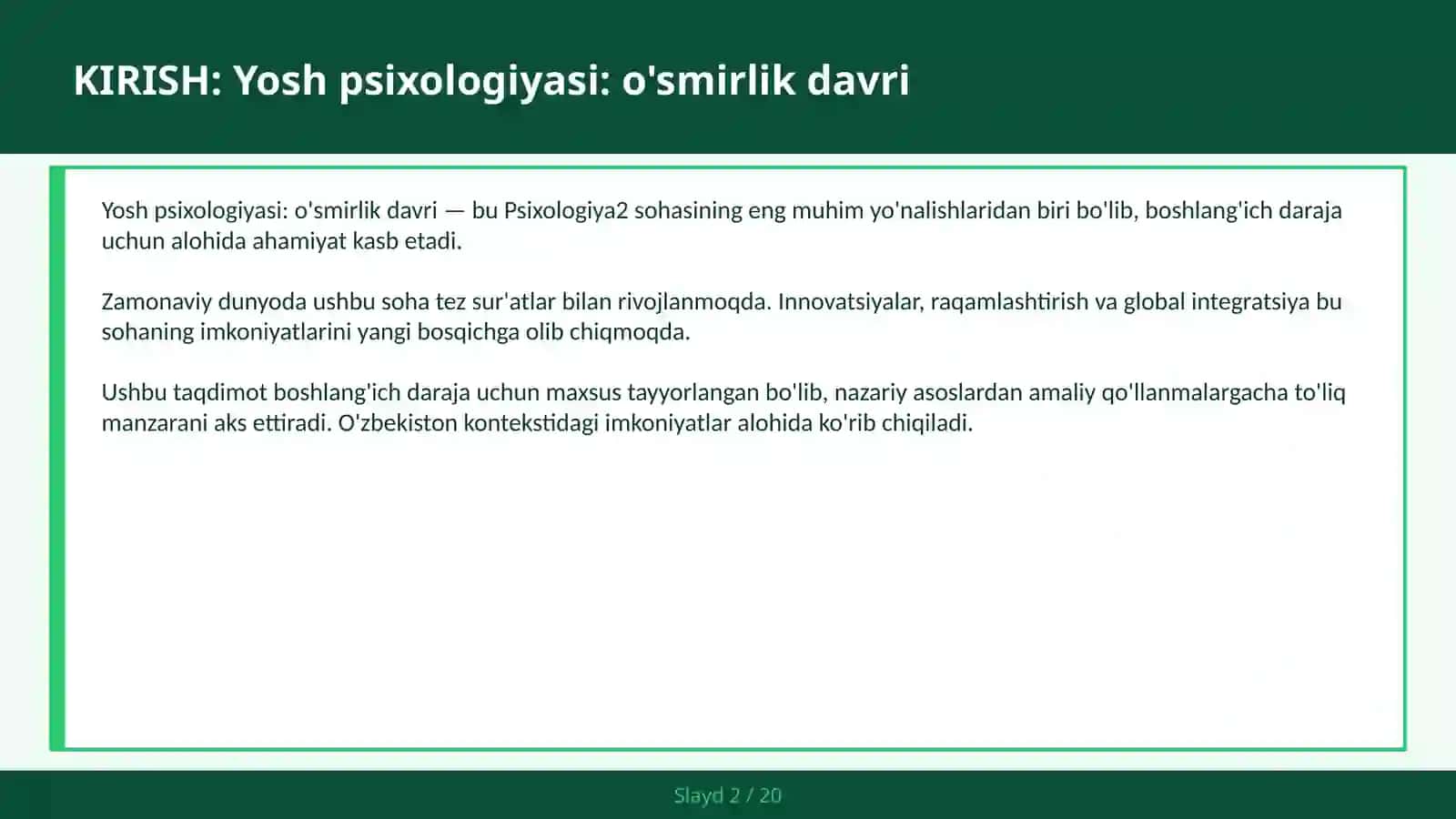 Yosh Psixologiyasi: O'Smirlik Davri 2