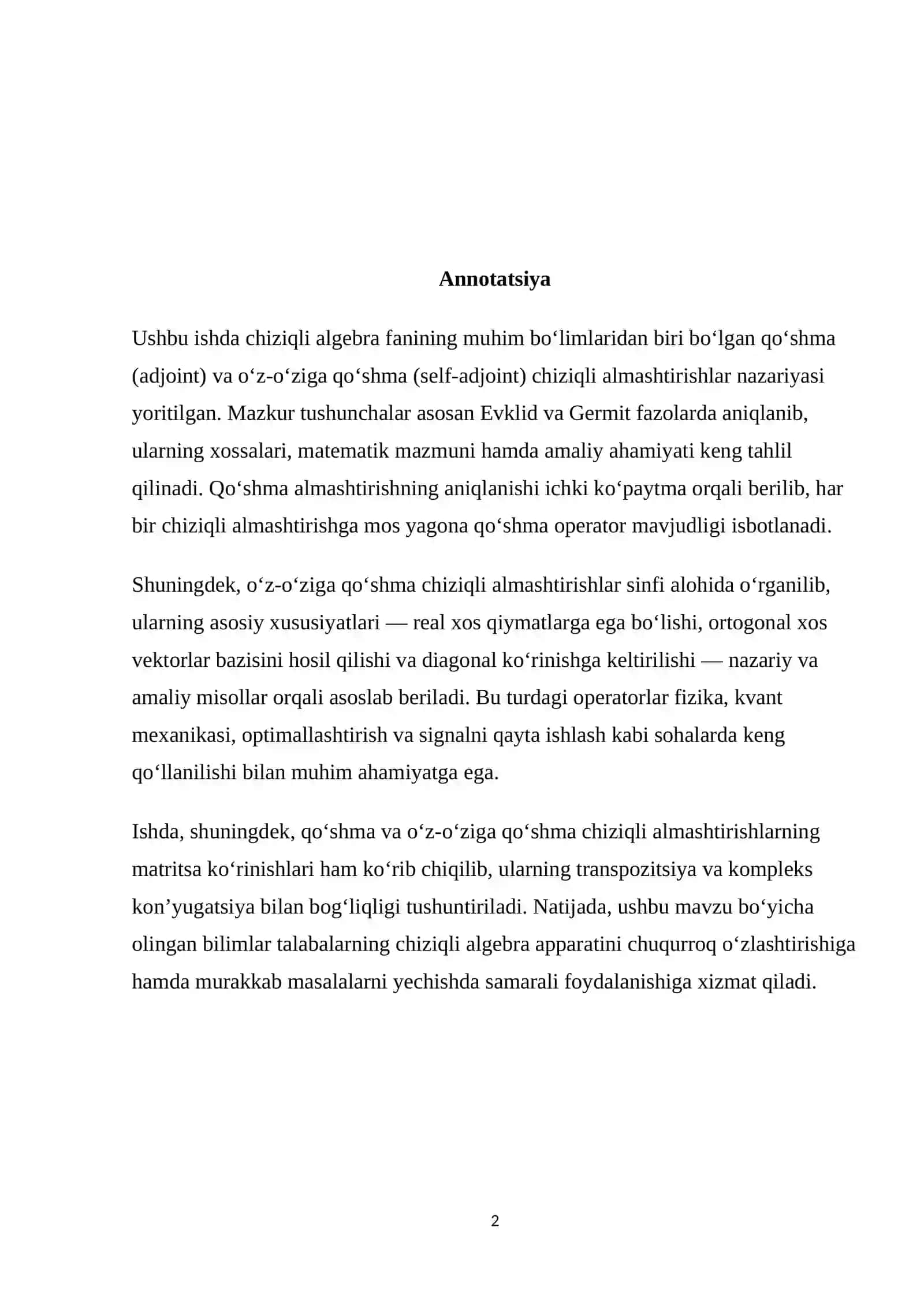 Qóshma va óz-óziga qóshma chiziqli almashtirishlar. Ularning matritsalari 2