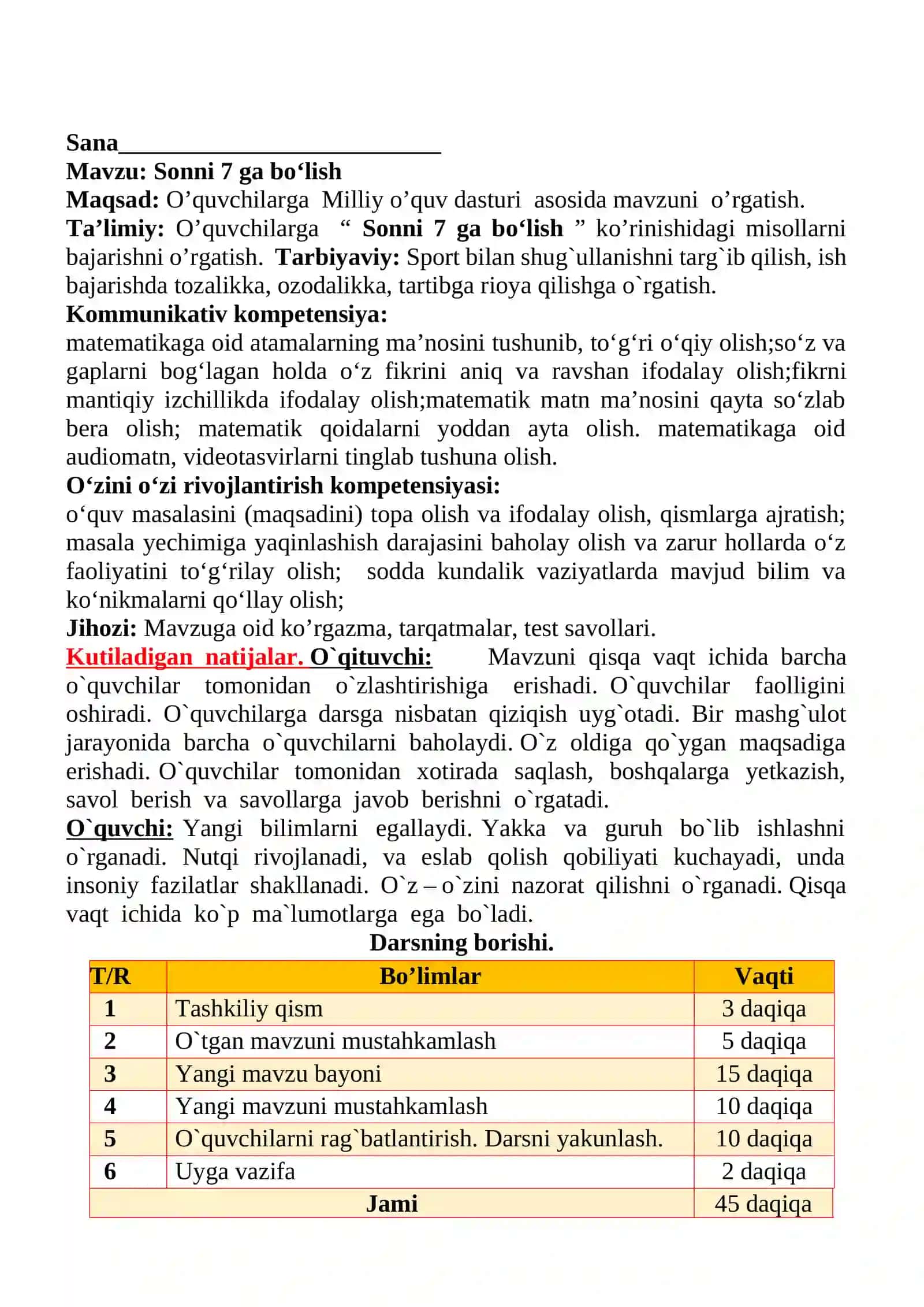 Sonni 7 ga bo‘lish mavzusida 2-sinf matematika fanidan dars ishlanmasi 2