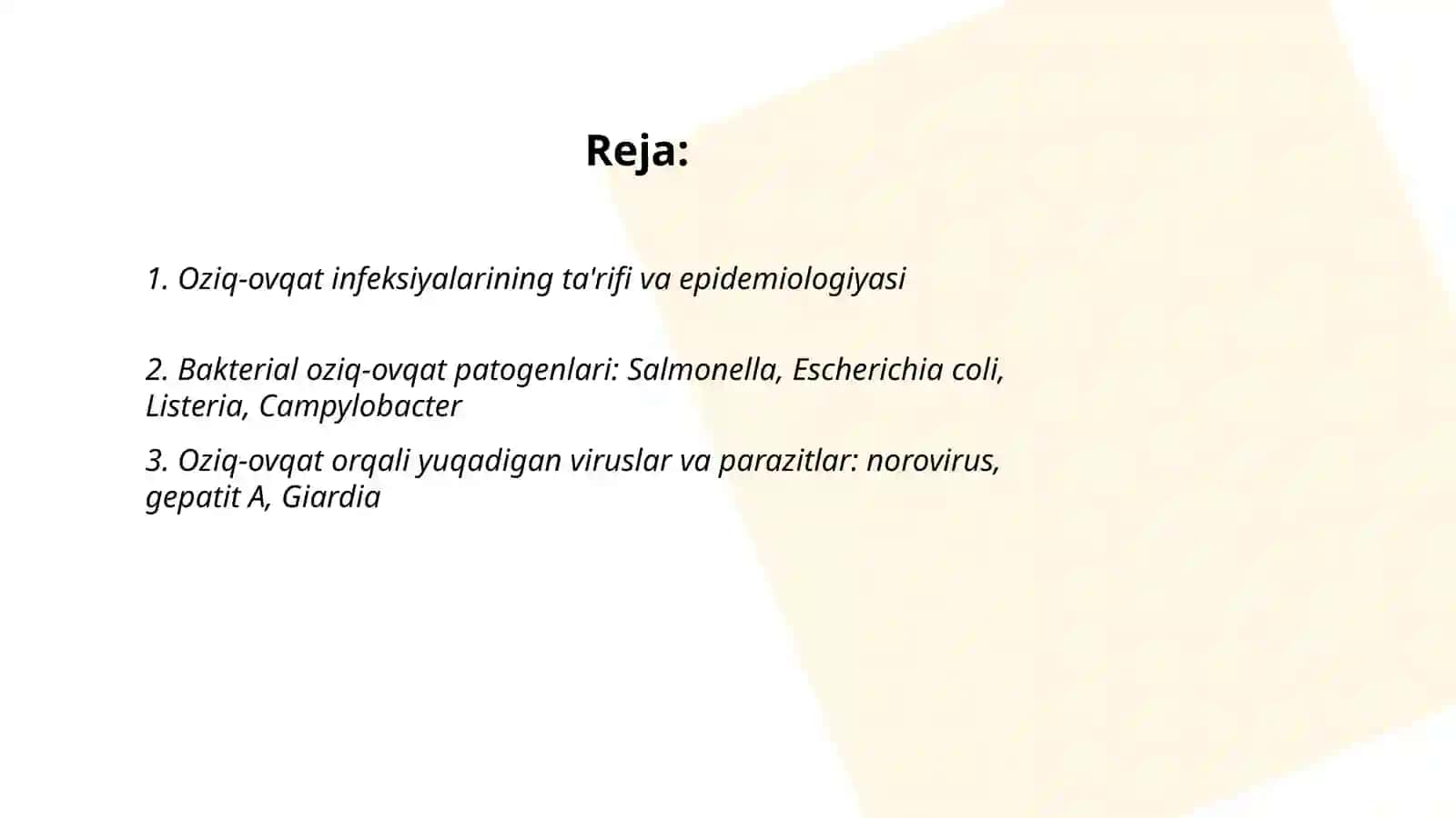 Oziq-ovqat infeksiyalari. Infeksion manbalari. Inson salomatligi uchun xavfni oldini olish 2