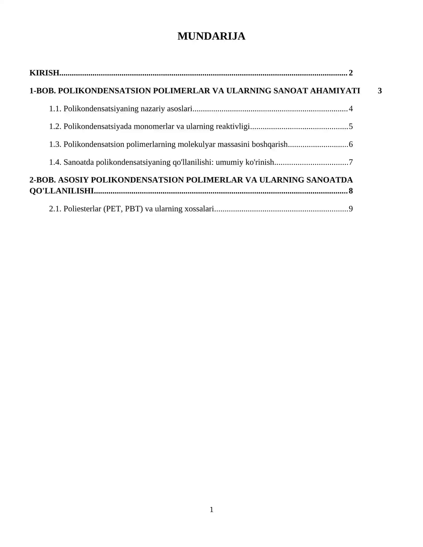 Polikondensatsion usulda olinadigan sanoat polimerlari. 2