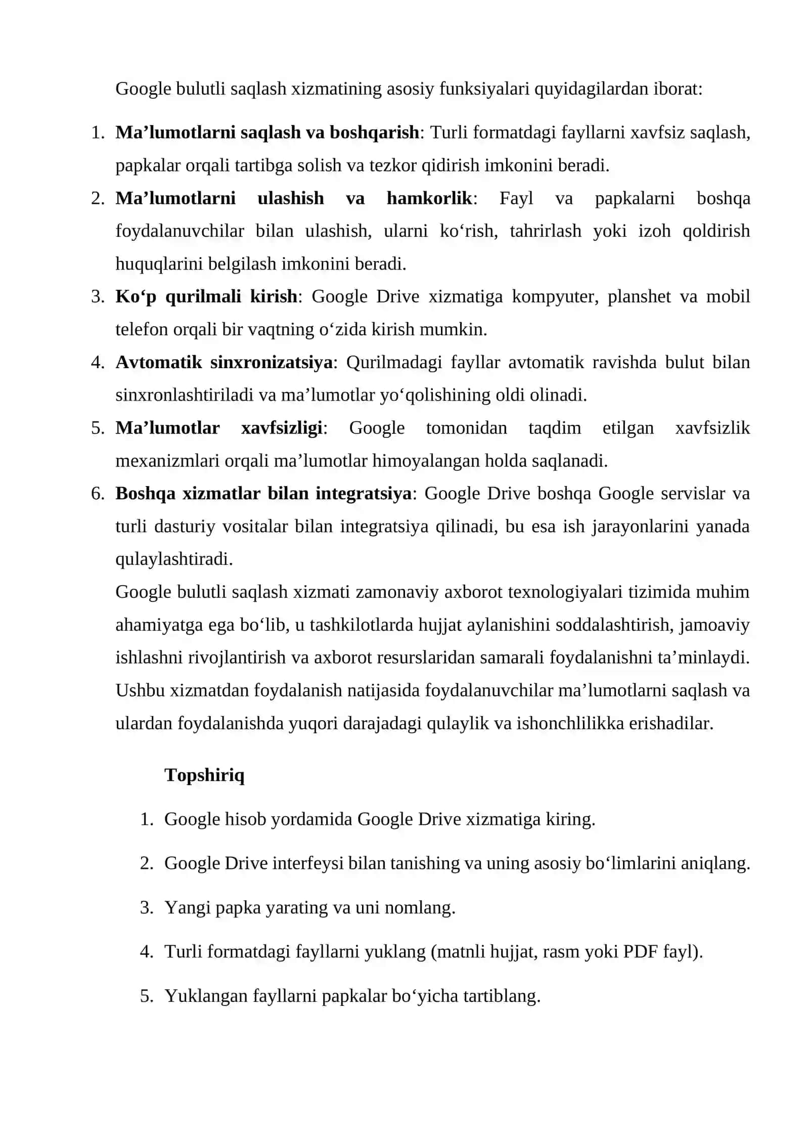 Amaliy ish. Google bulutli saqlash xizmati 2