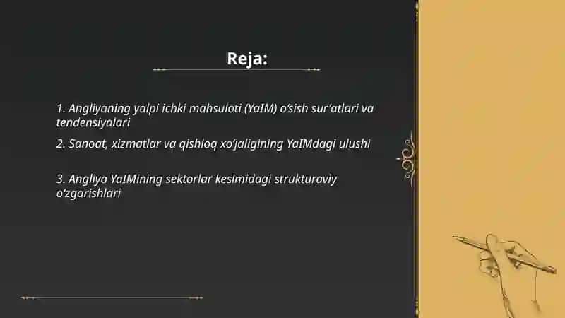 Angliya davlatining yalpi ichki mahsuloti eksport import koʻrsatkichi ishsizlik darajasi inflatsiya darajasi 2