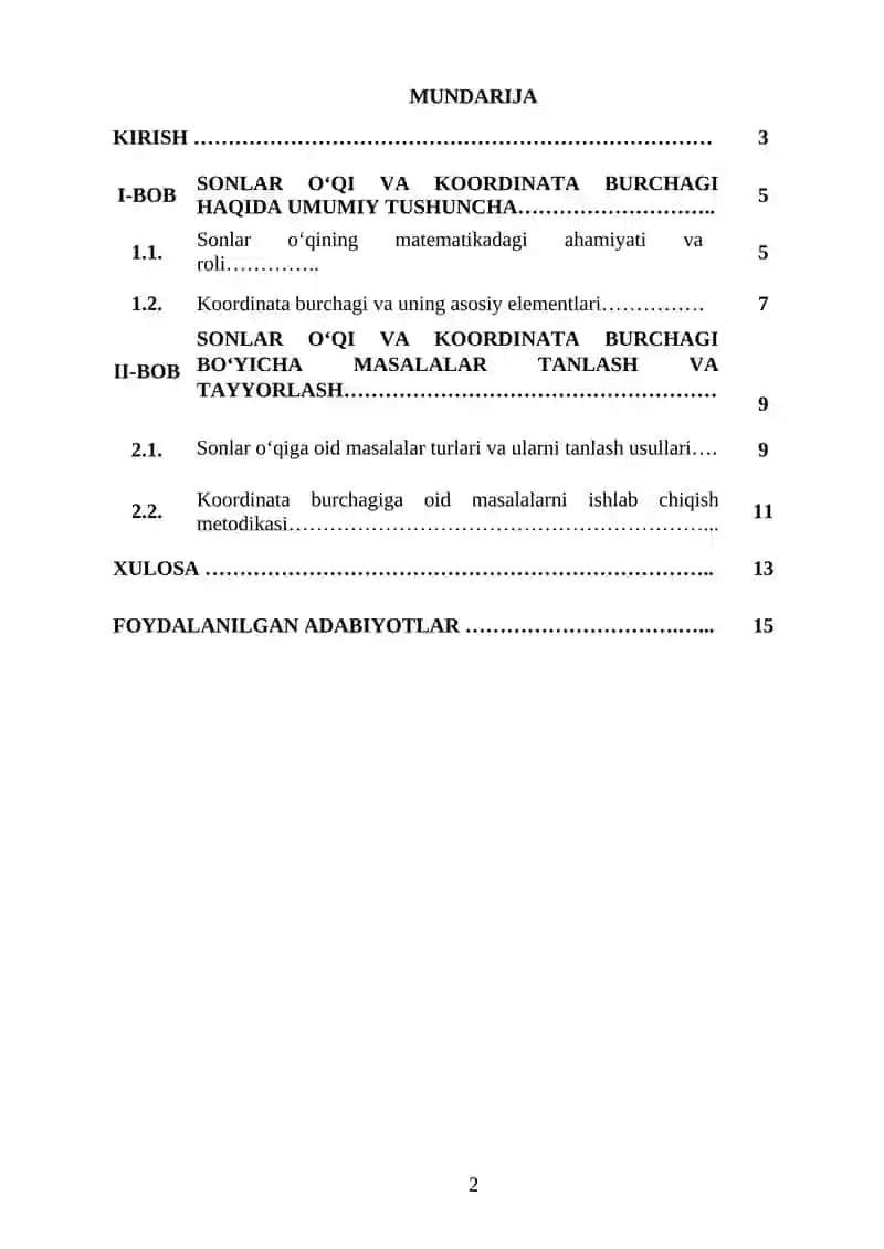 SONLAR O'QI, KOORDINATA BURCHAGI BO'YICHA  MASALALAR TANLASH VA TAYYORLASH 2