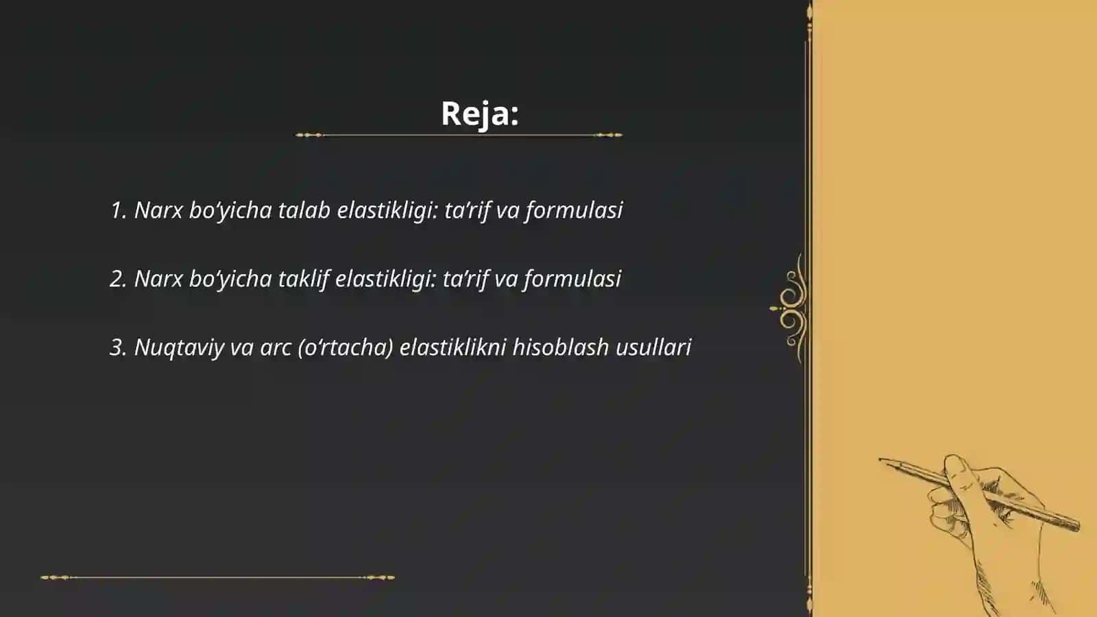 Narx bo‘yicha talab elastikligi 2