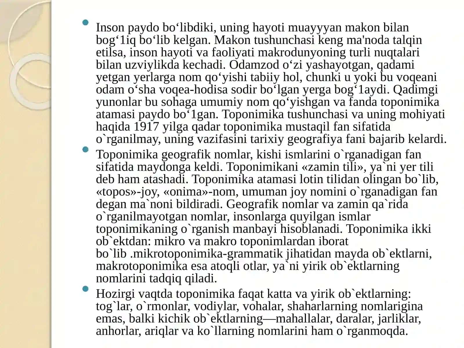 Tarixiy toponimika. Fanning predmeti, maqsadi, vazifalari 2