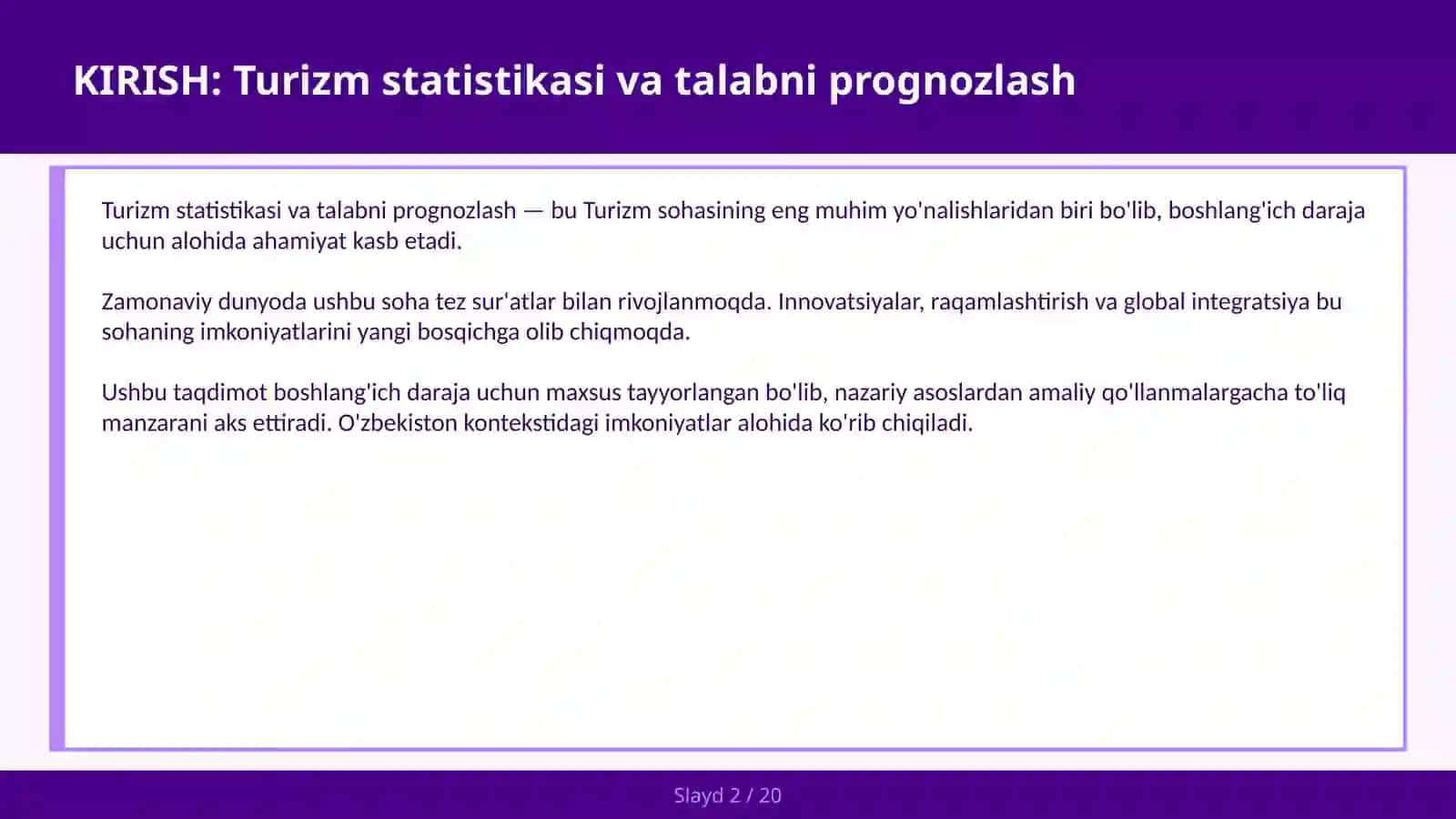 Turizm statistikasi va talabni prognozlash 2
