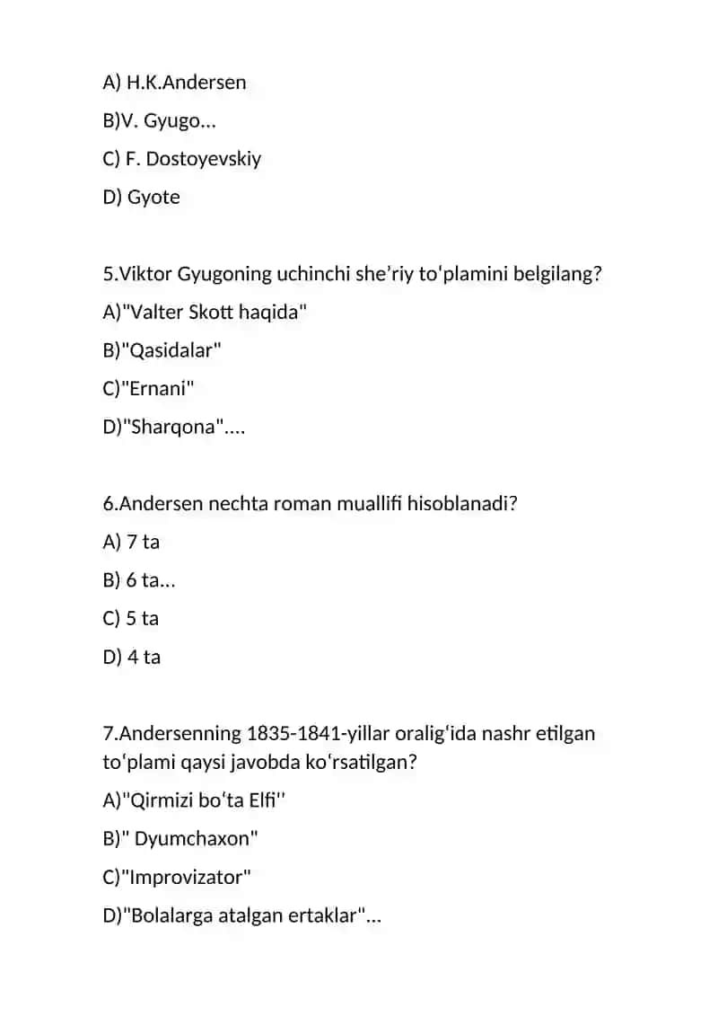 jahon adabiyoti mustahkamlash uchun testlar 2