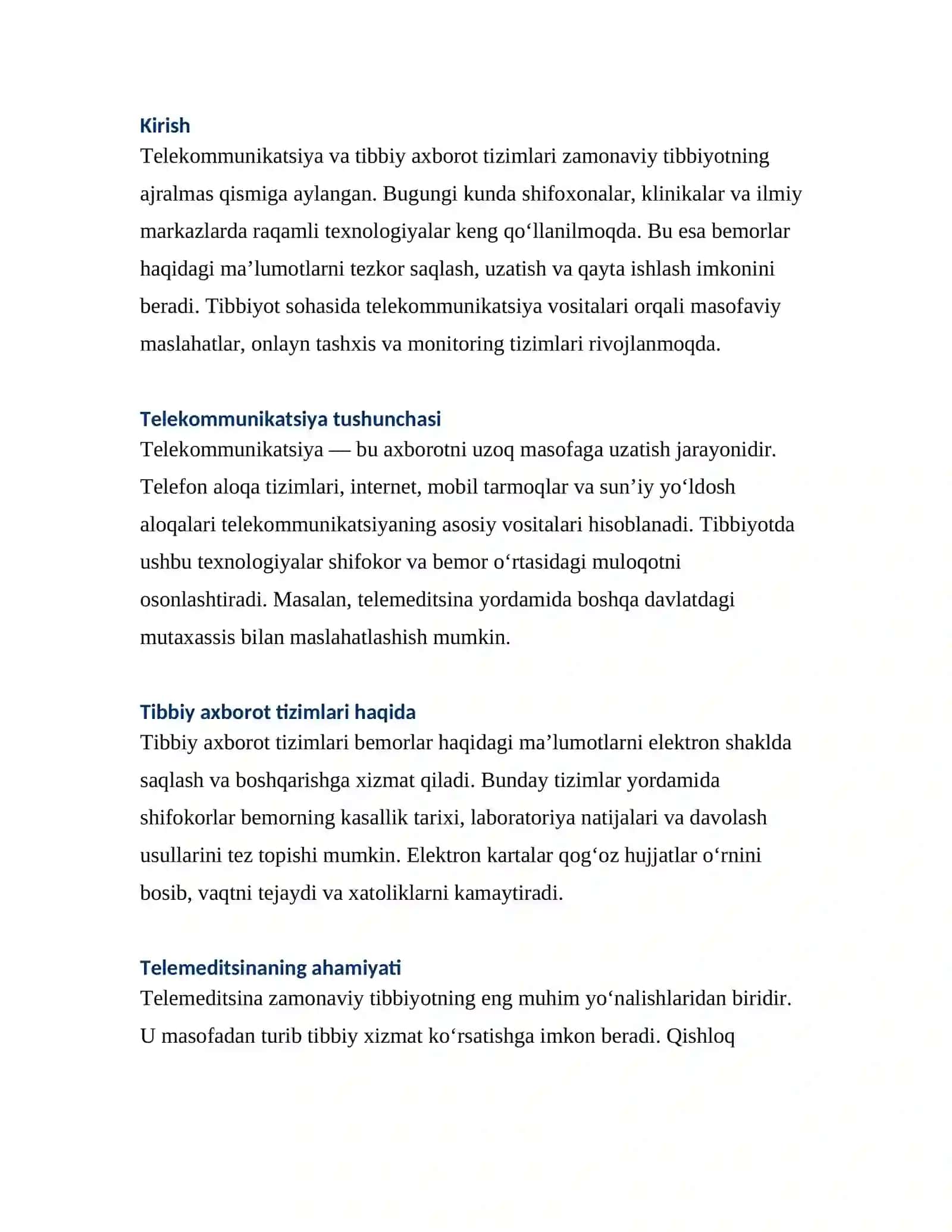 TELEKOMMUNIKATSIYA VA TIBBIY AXBOROT TIZIMLARI 2
