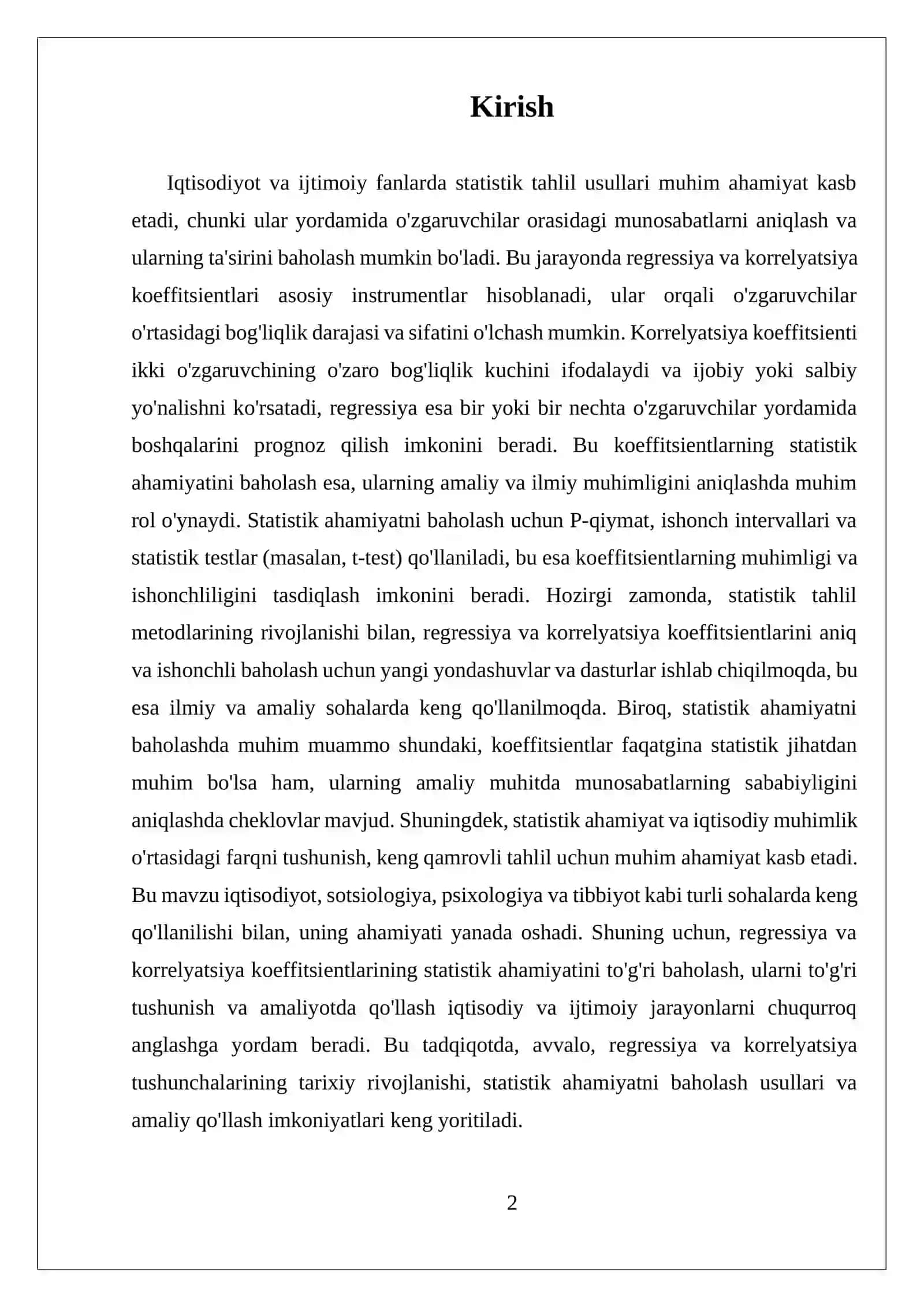 Regressiya va korrelyatsiya koëffetsentining statistik ahamiyatini baxolash 2