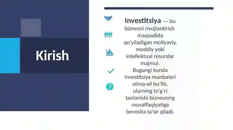 Biznes da investitsiya kiritish manbalari 2