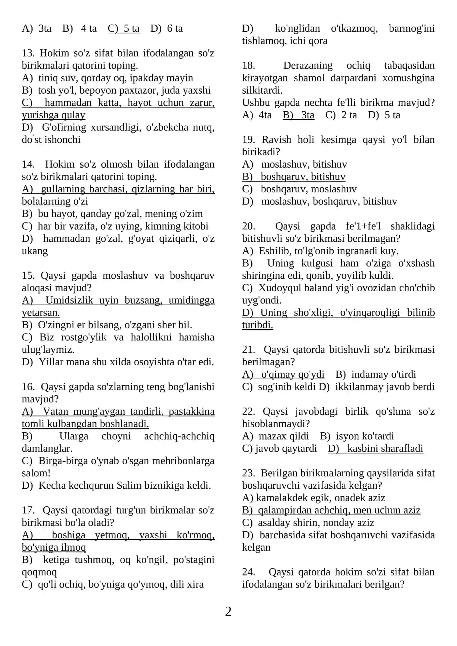 So'z birikmasi, gap bo'laklari testlar 2