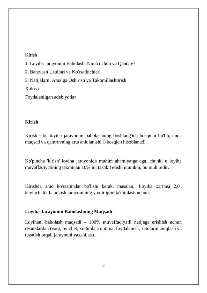 Loyiha jarayonlarini baholash 2