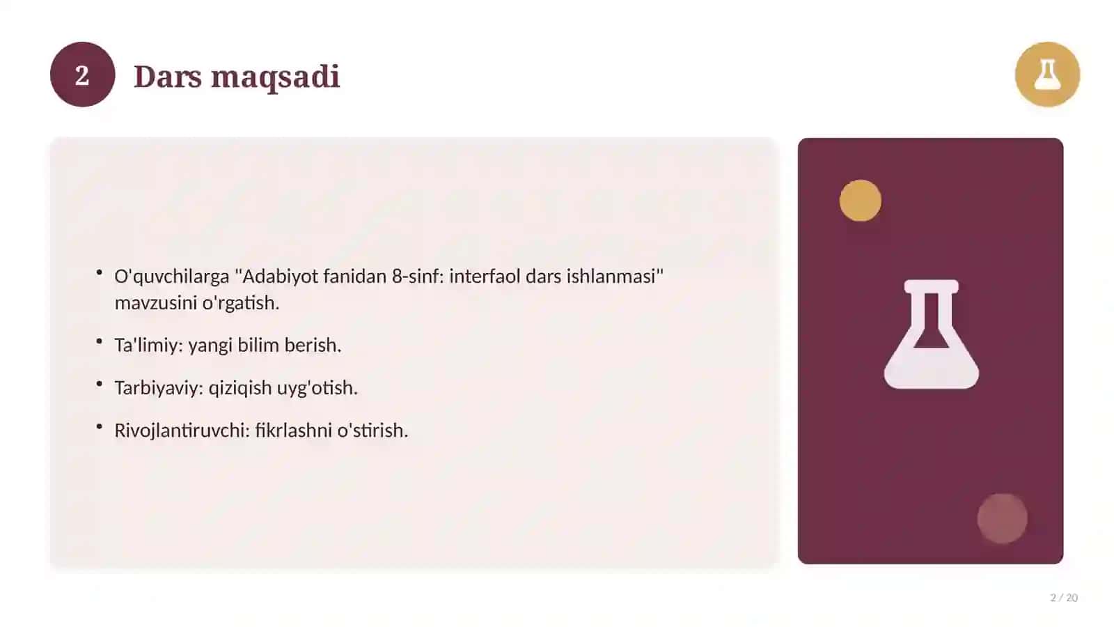 Adabiyot fanidan 8-sinf: interfaol dars ishlanmasi 2