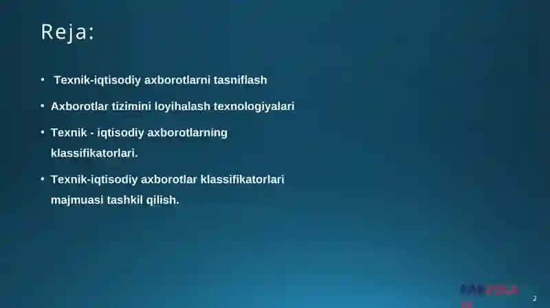Texnik-iqtisodiy axborotlar klassifikatorlarini loyihalashtirish 2
