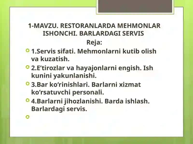 RESTORANLARDA MEHMONLAR ISHONCHI. BARLARDAGI SERVIS 2