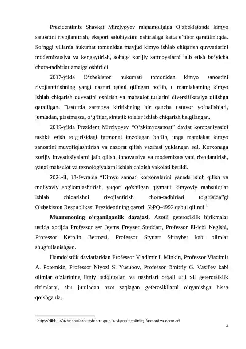 Azot saqlagan geterotsiklik birikmalar hosilalarining tuzilishi, xossalari va sintezi bo'yicha magistrlik dissertatsiyasi 2