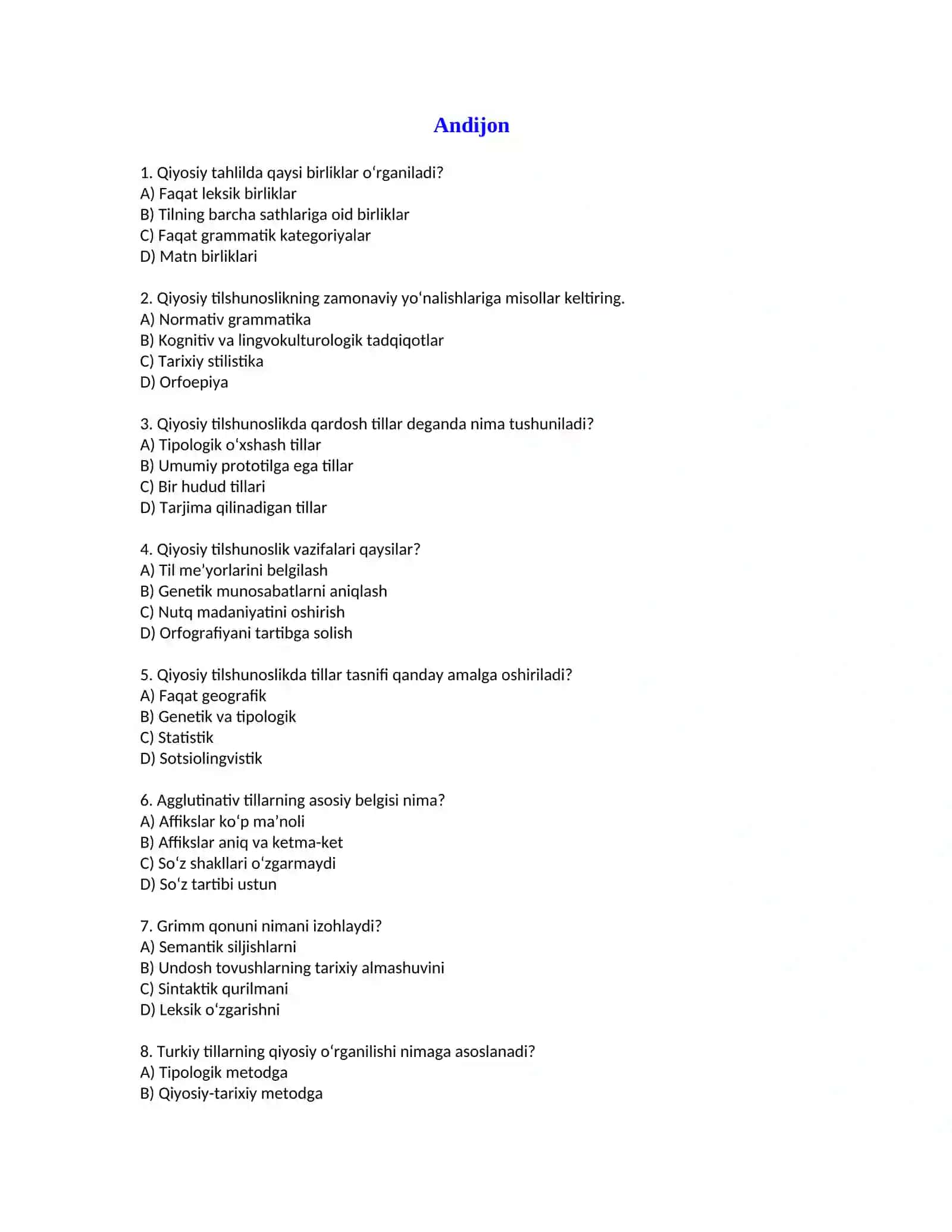Qiyosiy TIlshunoslik - Magistratura uchun test savollari 2