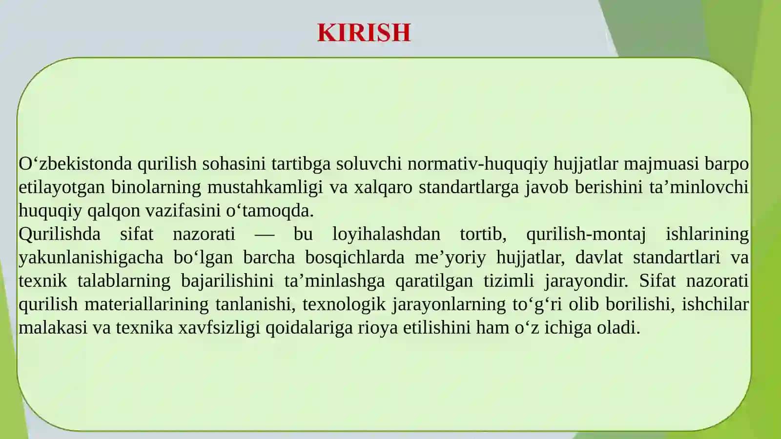 O‘zbekiston qurilish sohasida sifat nazoratlari (O‘zDSt) tahlili 2