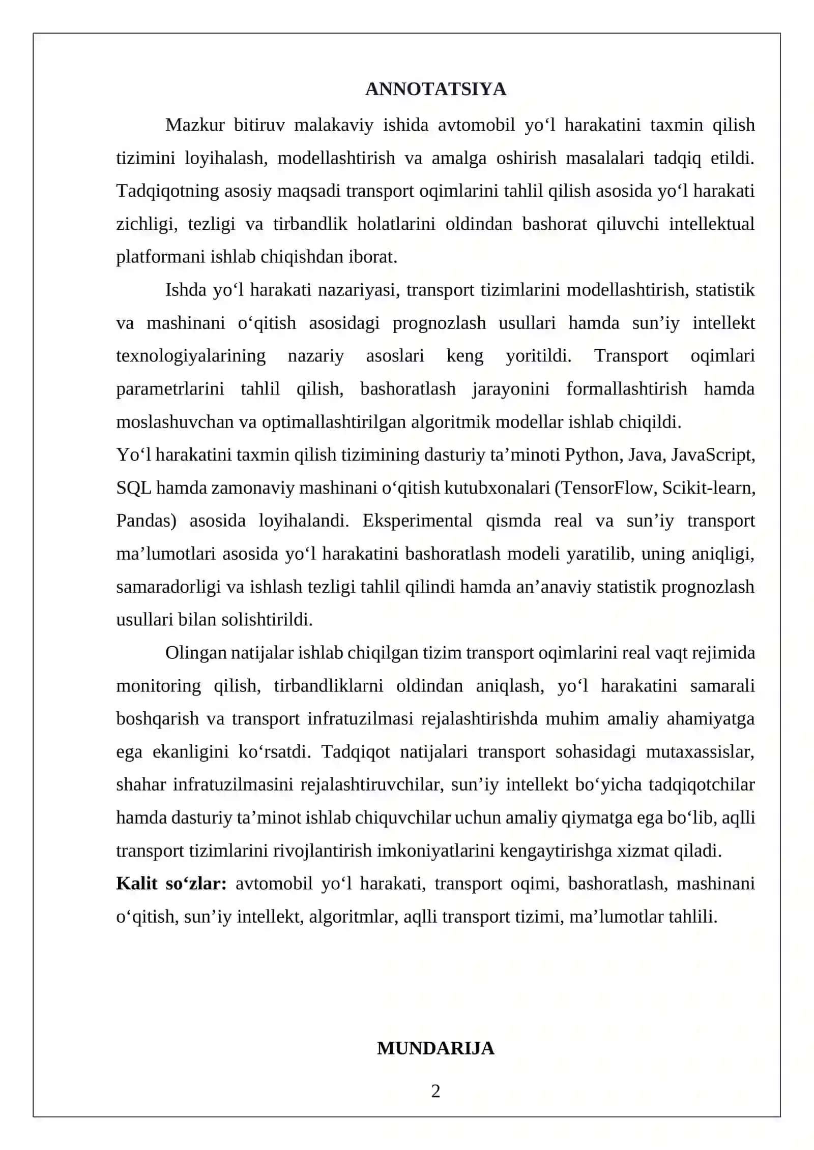 AVTOMOBIL YO‘L HARAKATINI TAXMIN QILISH 2