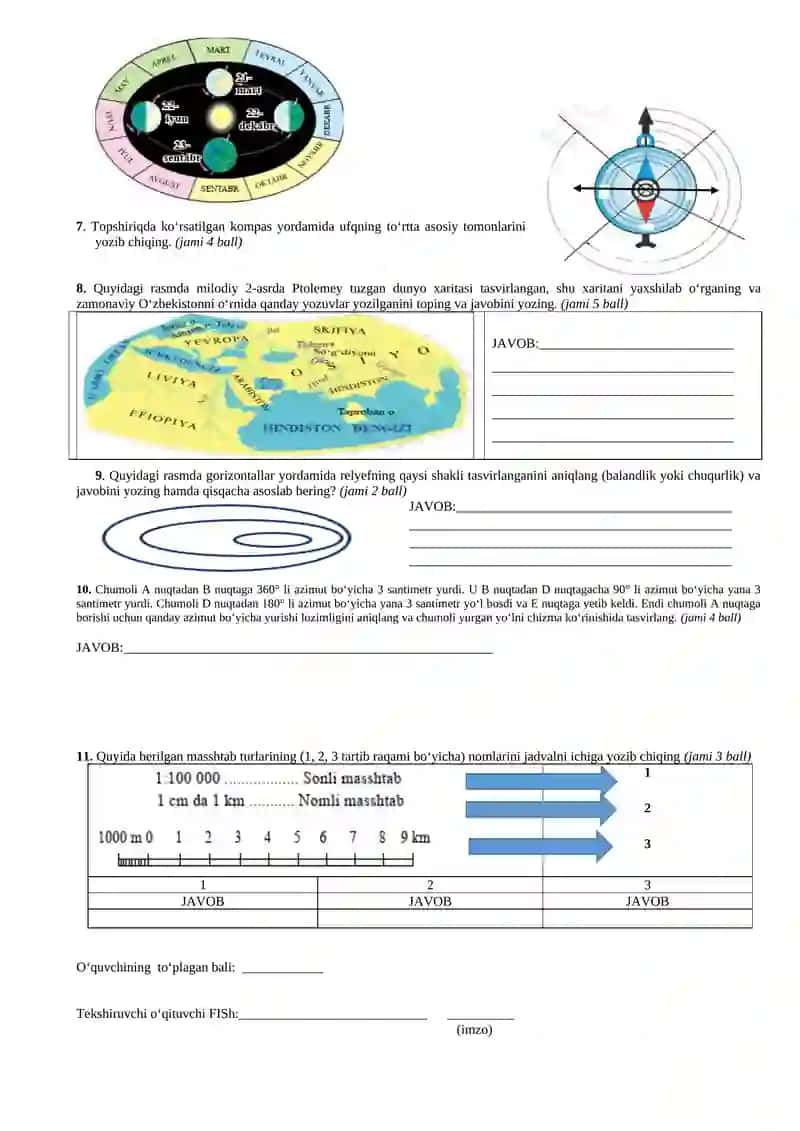 5-sinf.Geografiya.1-Bo‘lim summativ baholash 2