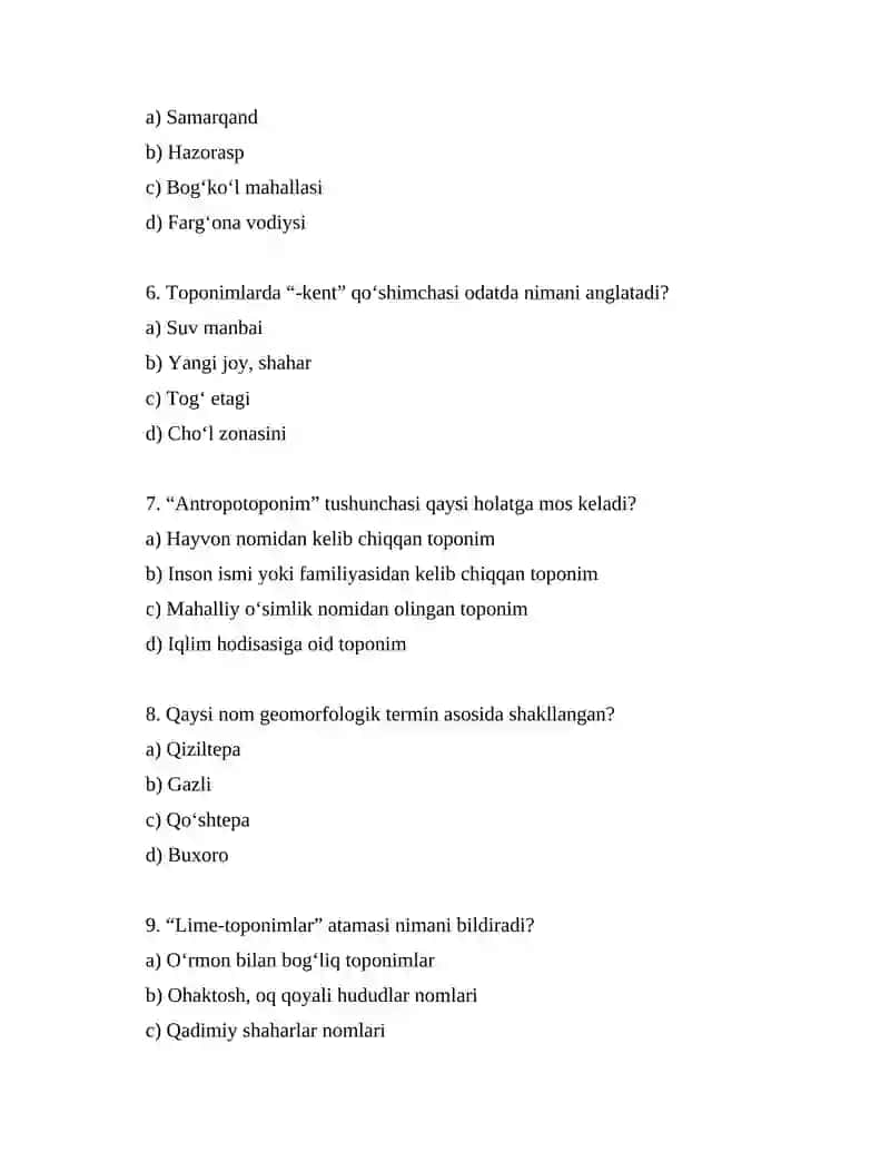 GEOTOPONIMIK TERMINLAR — 10 TA NOSTANDART TEST 2