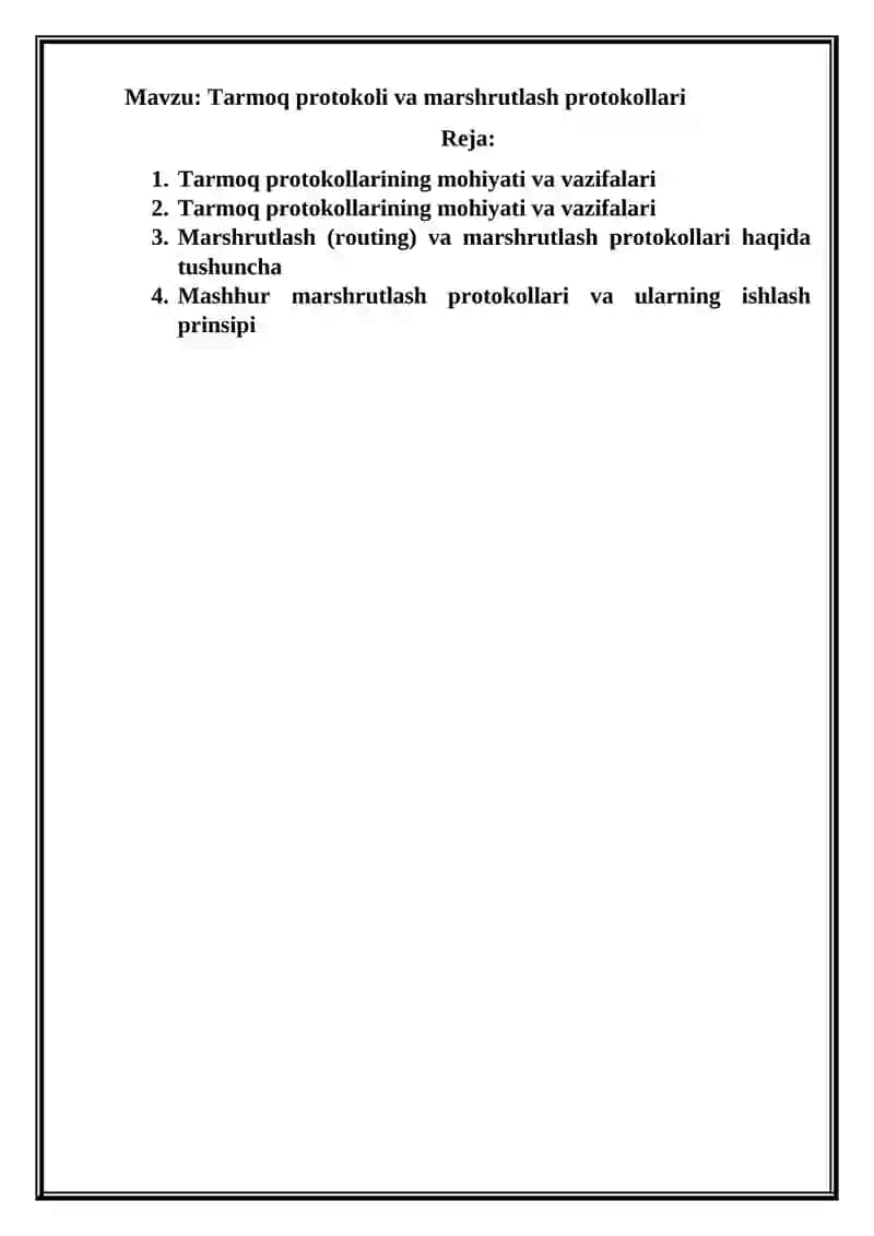 Tarmoq protokoli va marshrutlash protokollari 2
