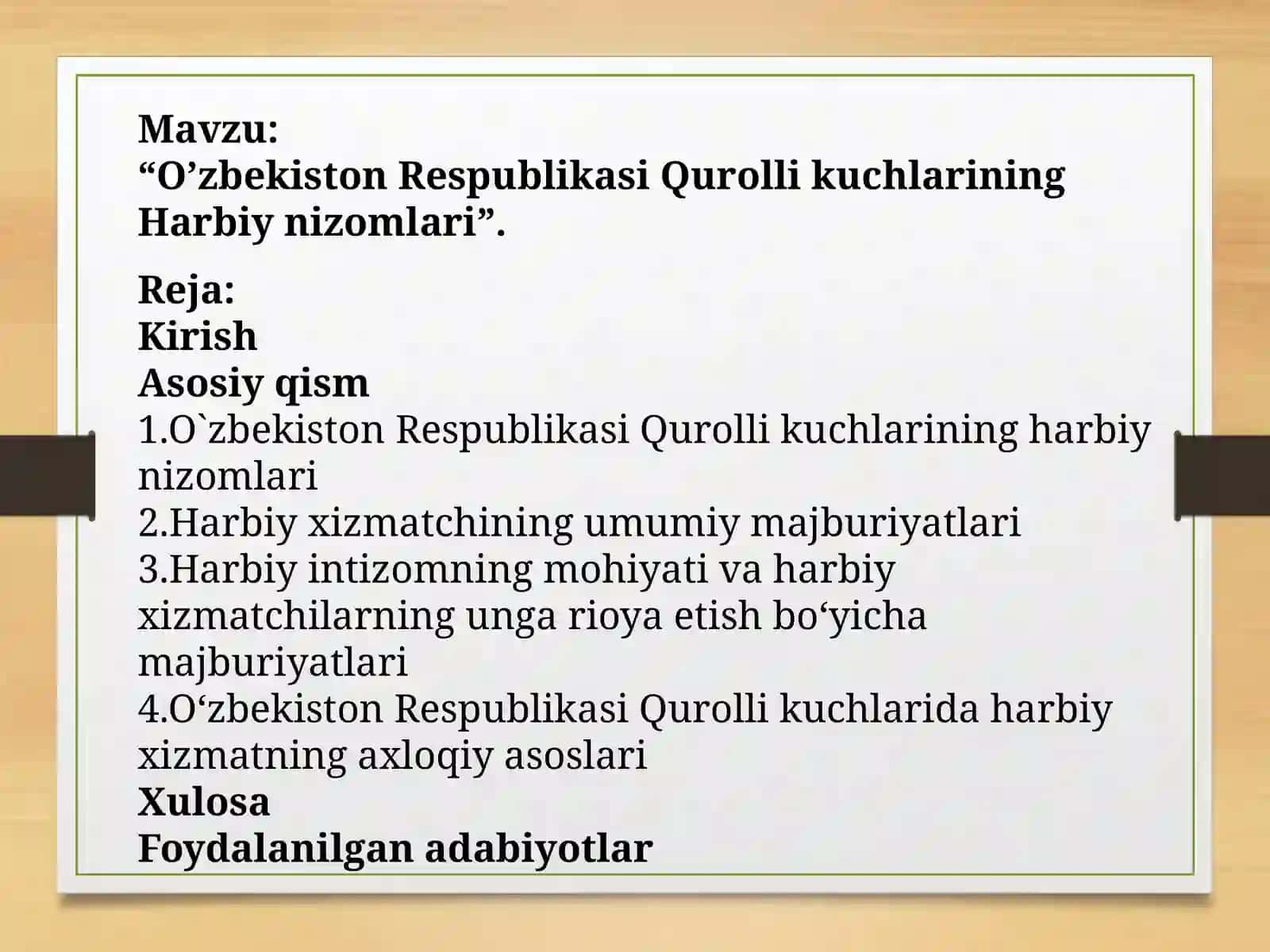 "O’zbekiston Respublikasi Qurolli kuchlarining Harbiy nizomlari" 2