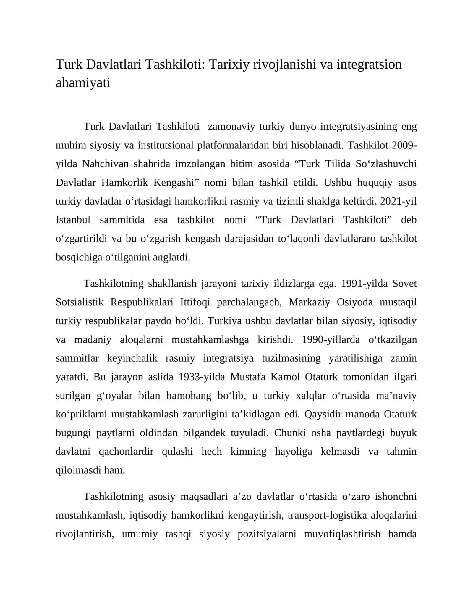 Turk Davlatlari Tashkiloti: Tarixiy rivojlanishi va integratsion ahamiyati 2