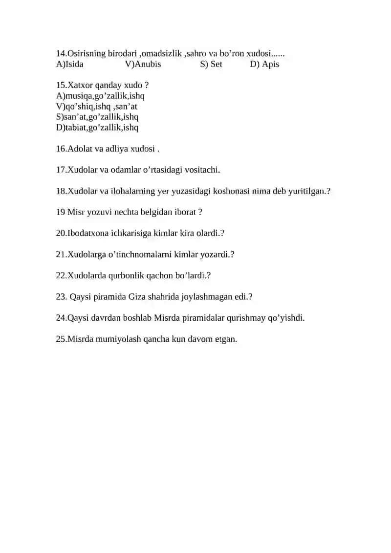 6 sinflar uchun tarix fanidan testlar ( II chorak) 2