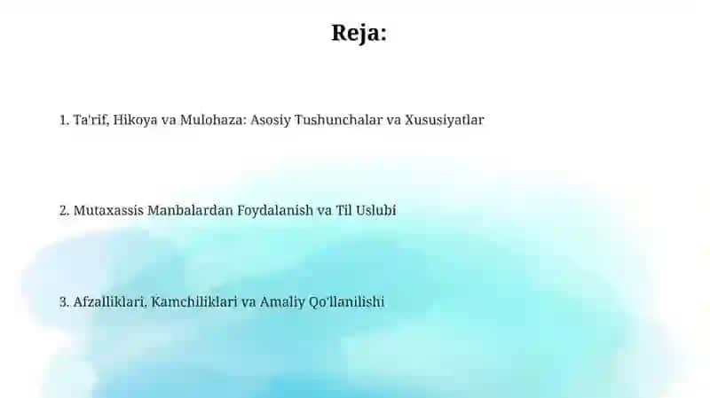 Ta'rif, Hikoya va Mulohaza 2