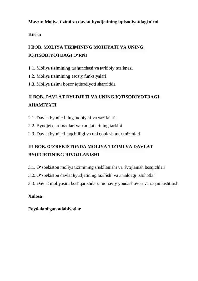 Moliya tizimi va davlat byudjetining iqtisodiyotdagi o'rni 2
