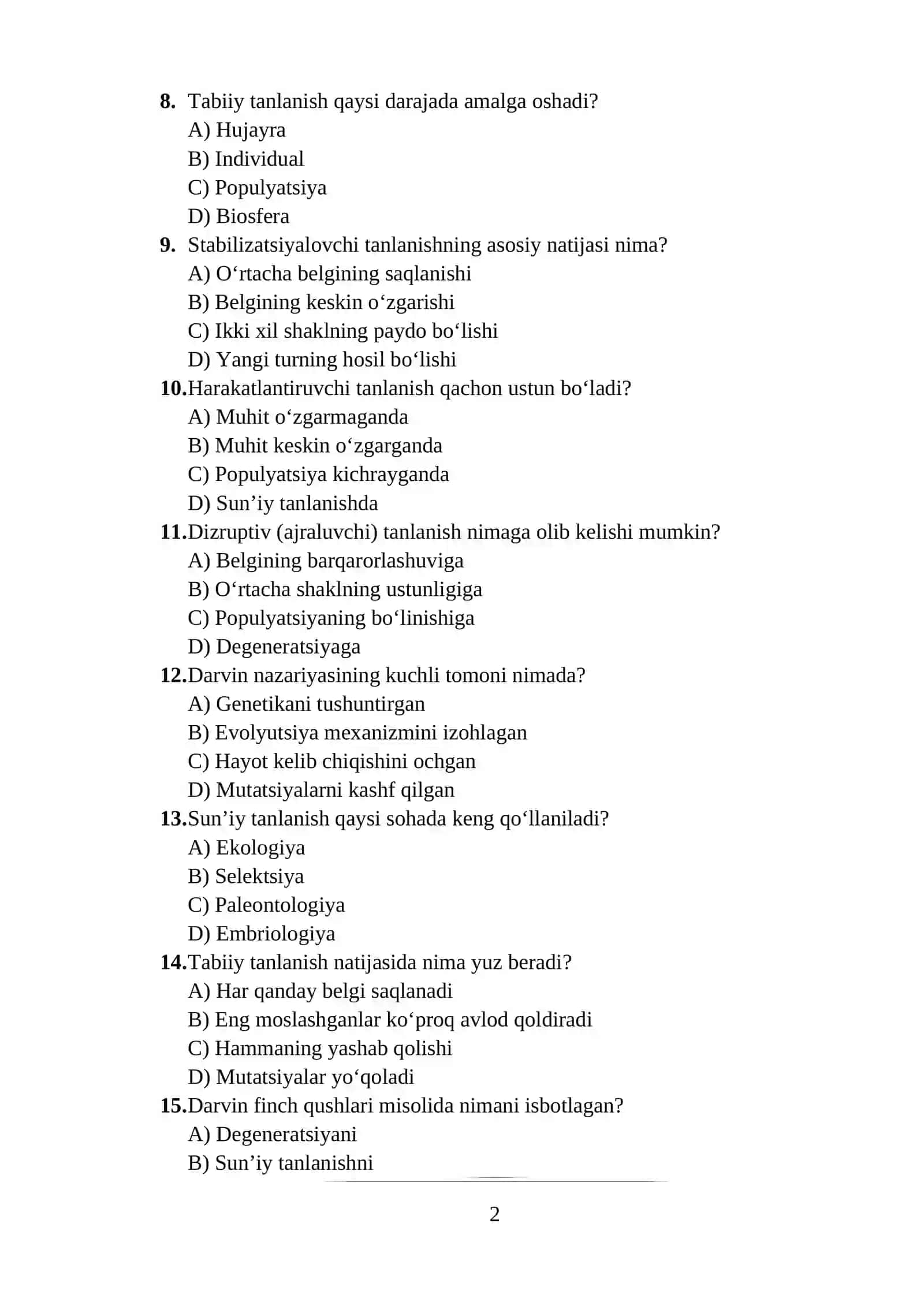 Evolyutsion ta’limot test 2