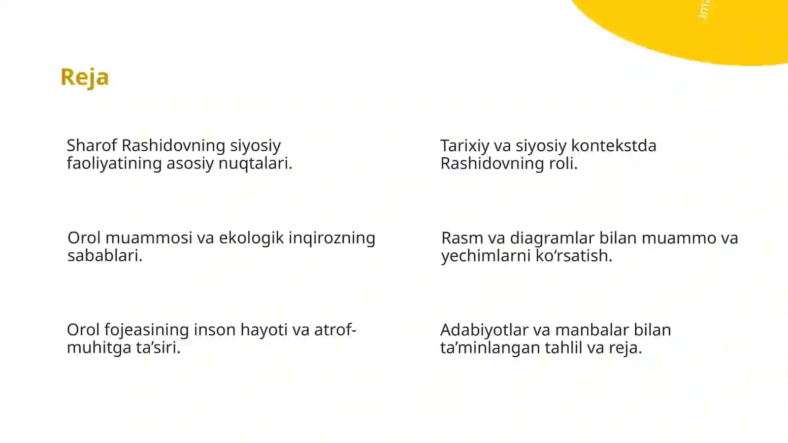 Sharof Rashidov faoliyati va Orol fojeasi 2
